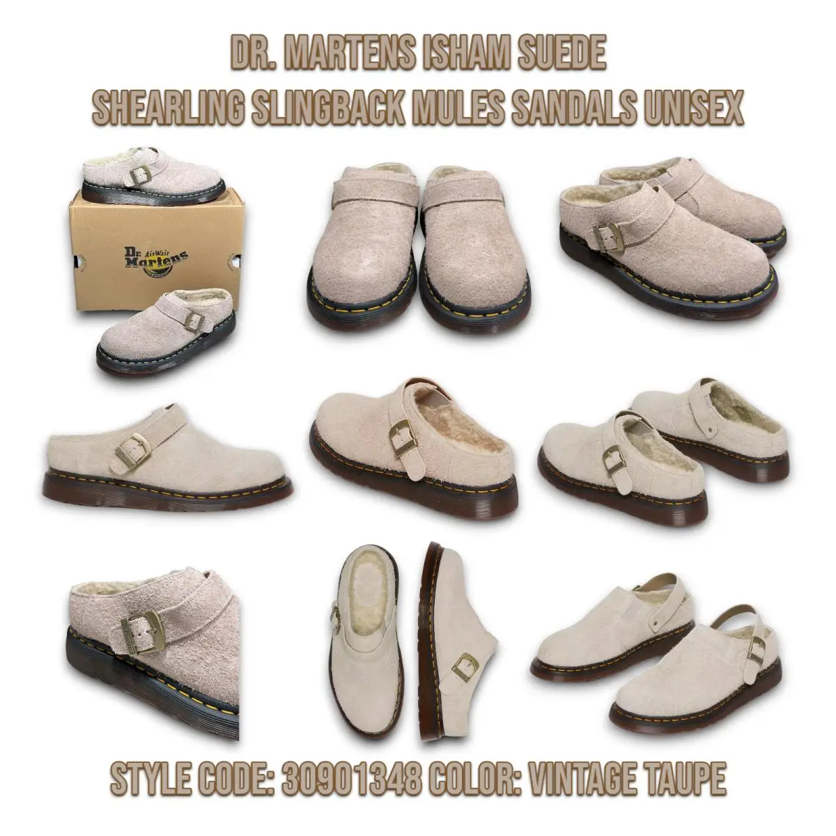 Dr. Martens Isham Taupe Shearling Mule Sandals Unisex W-12 M-11 Shoes _A2