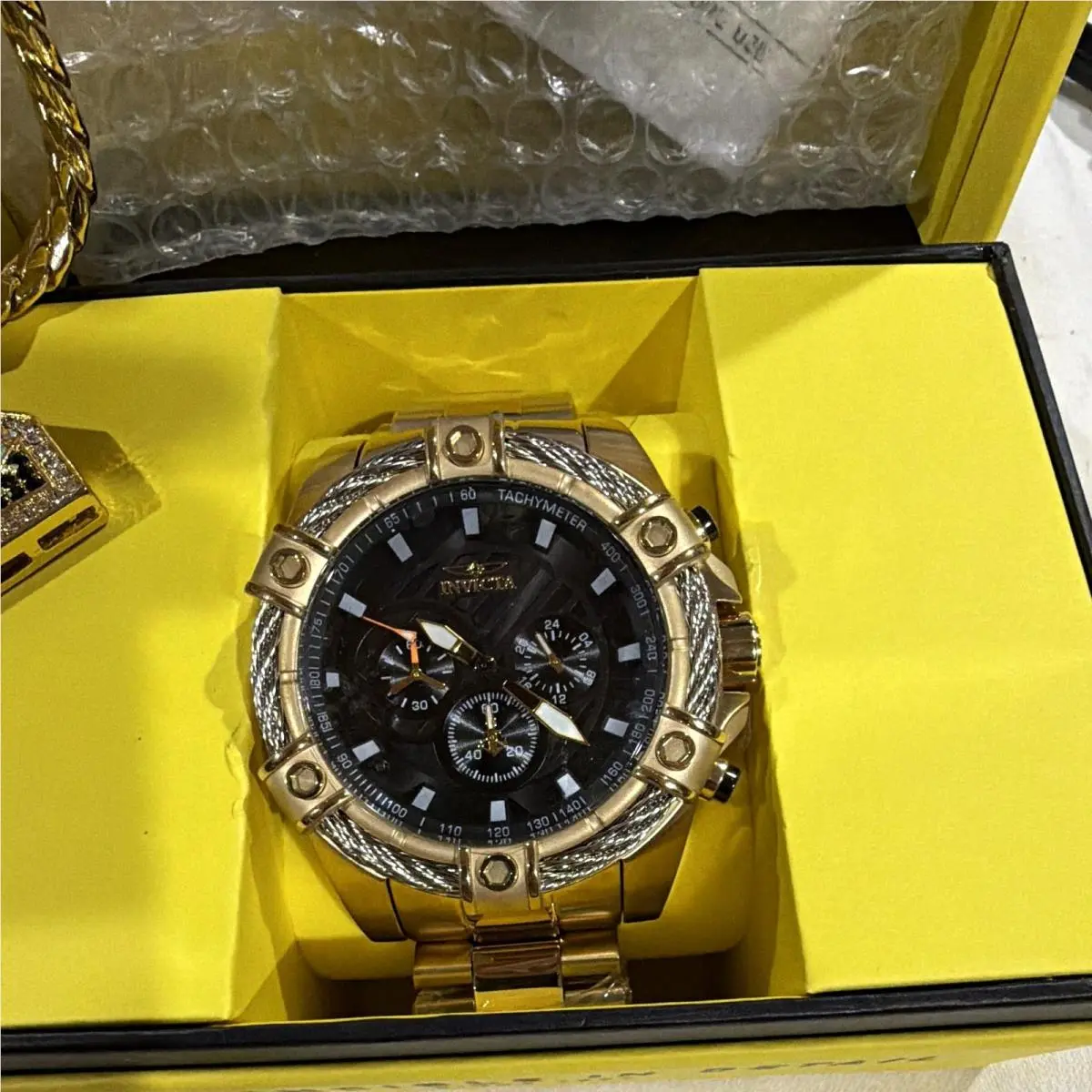 All 2 Invicta Men`s Quartz Tachymeter Gold-tone Black Dial Watch Free Cha