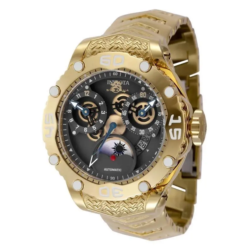 Invicta Men`s Automatic Gold Tone Wristwatch with Black Dial and Moon Phase