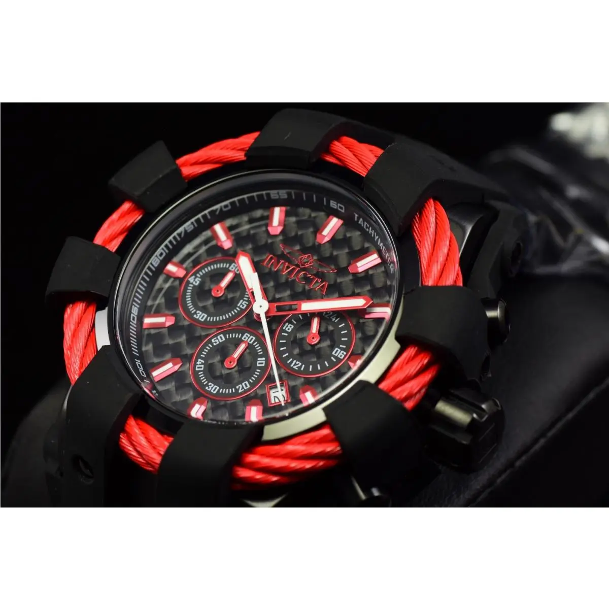 Invicta Men`s 48mm Bolt Chronograph Red Cable Accent Black Sports Watch