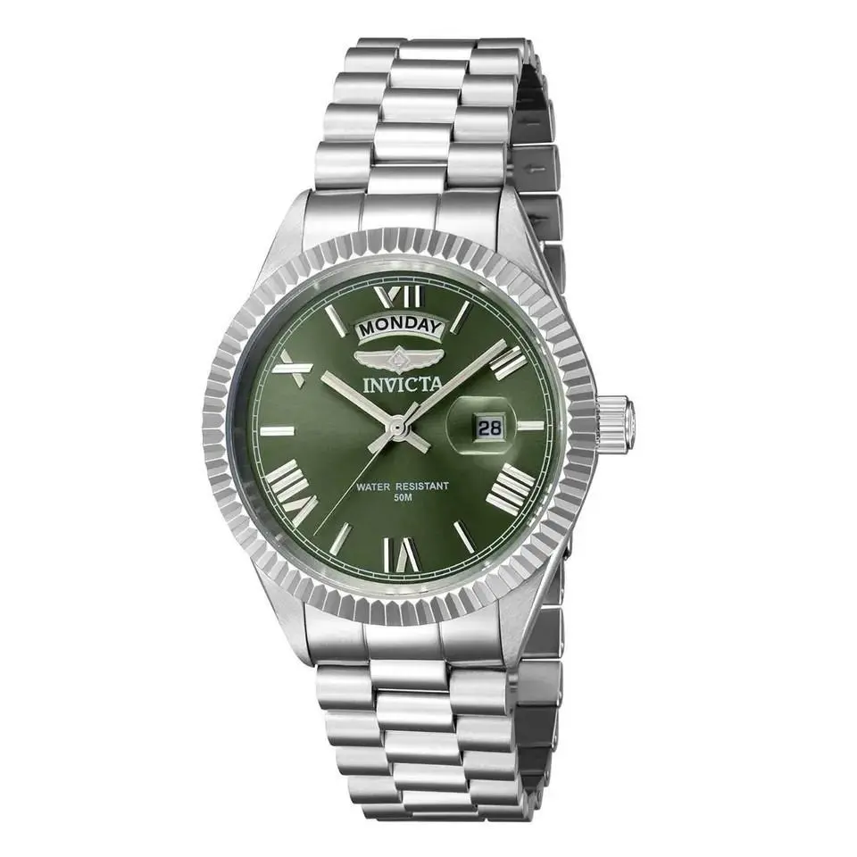 Invicta Specialty Quartz Green Dial Mens Watch Silver Tone Day/date SS 43936