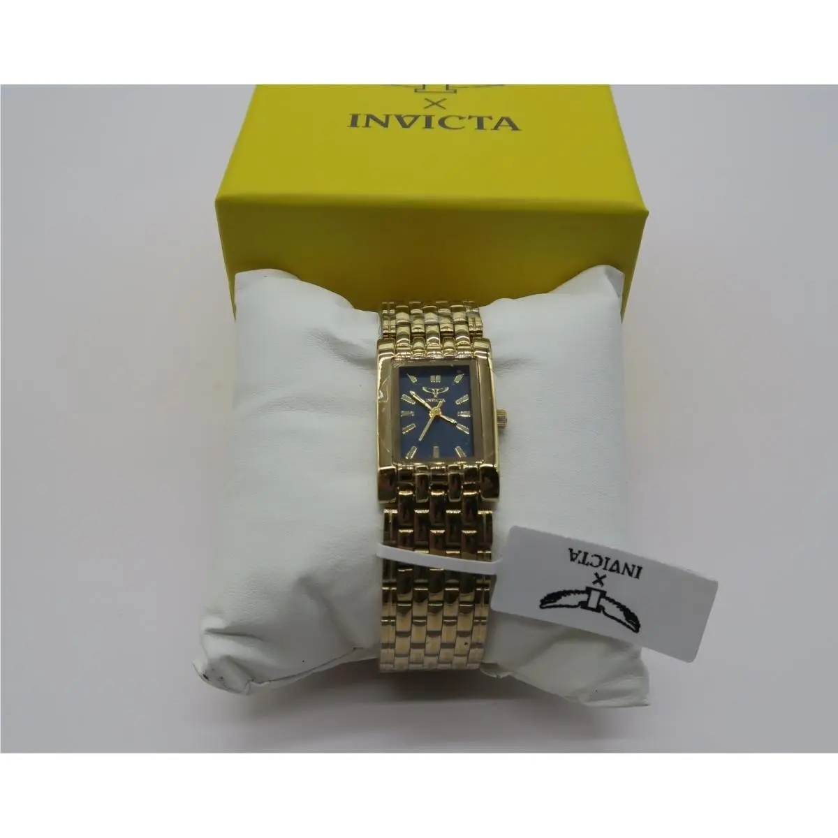 Invicta Gold Tone Rectangular Blue Dial Watch with Brick Link Bracelet