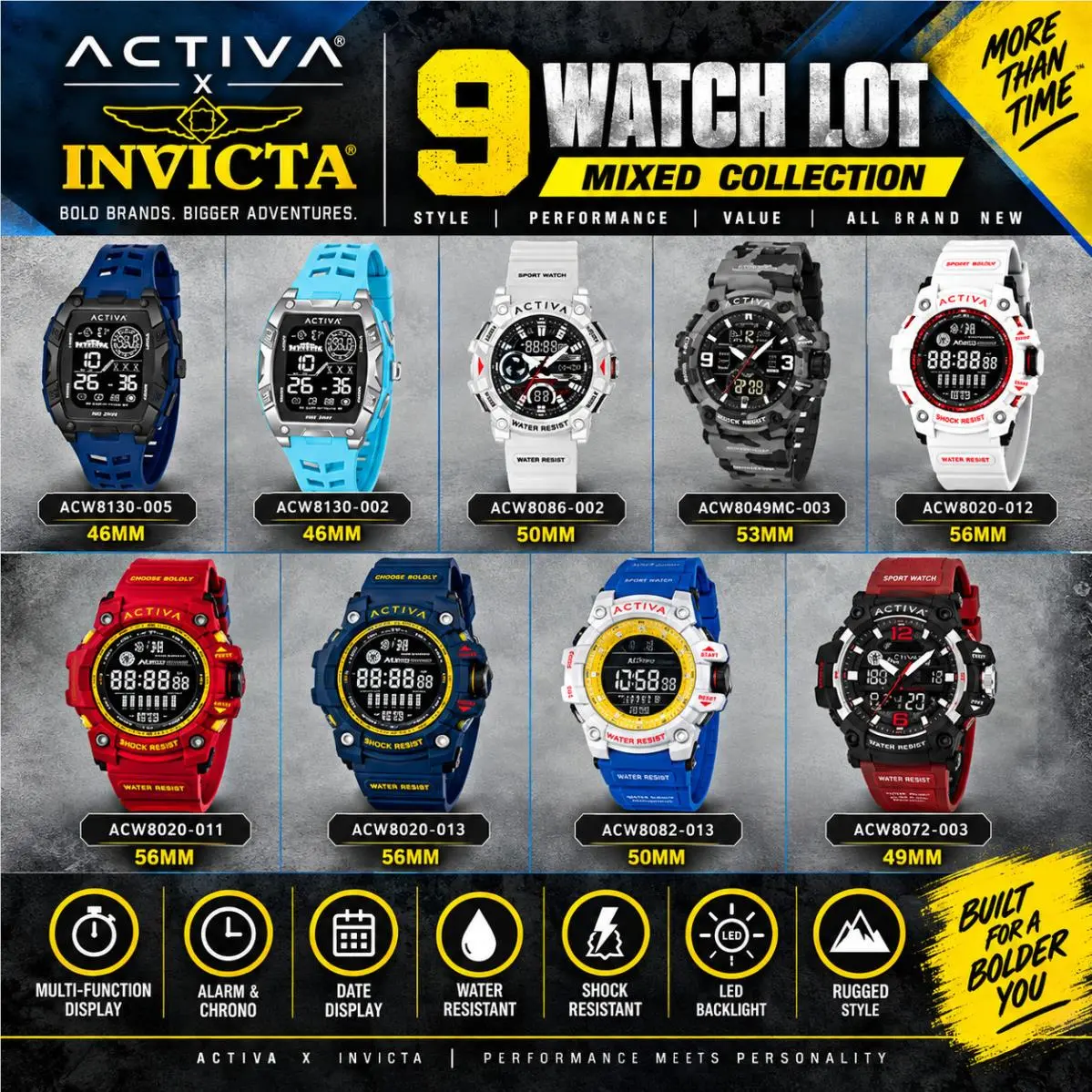 Activa X  Digital Watch Mixed Lot 9pc Men’s Unisex by Invicta