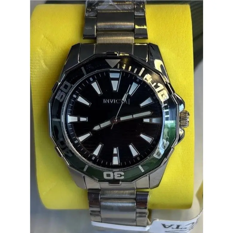 Invicta Pro Diver 46mm Silver Tone Case Black Metal Dial Silver Band 001-GA-103