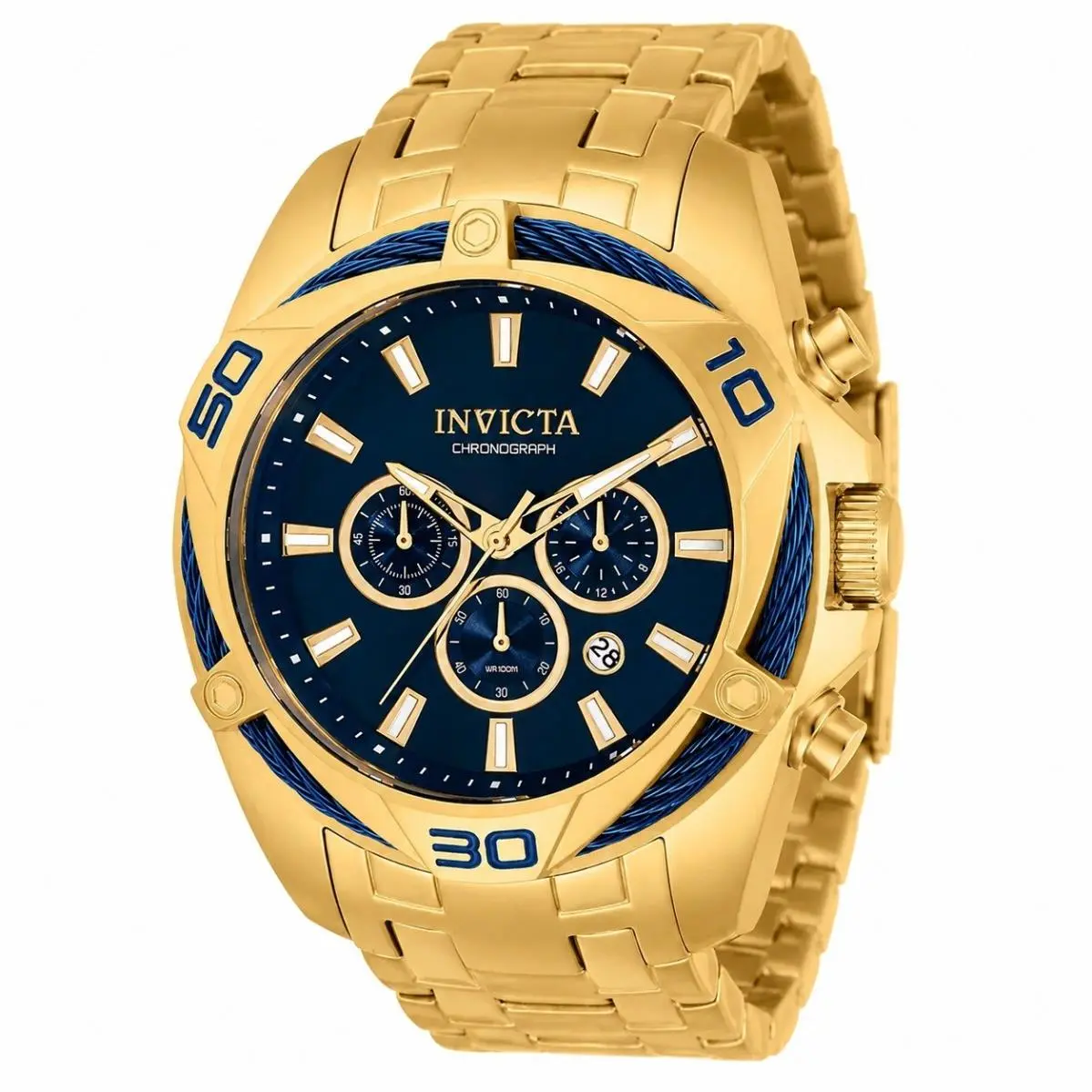 Invicta Bolt Tensora Mens Chronograph Watch 50mm Gold Blue Dial Invicta Box