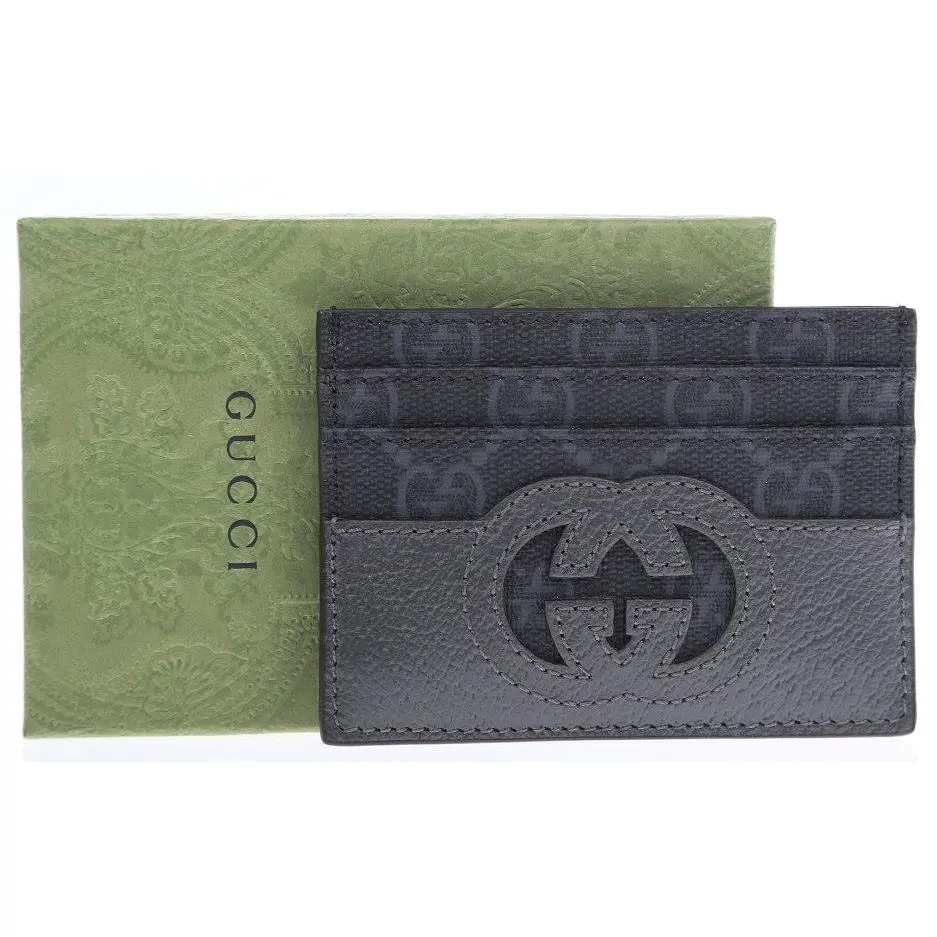 Gucci GG Supreme Gray Leather Cut-out Interlocking G Card Case Wallet W/box