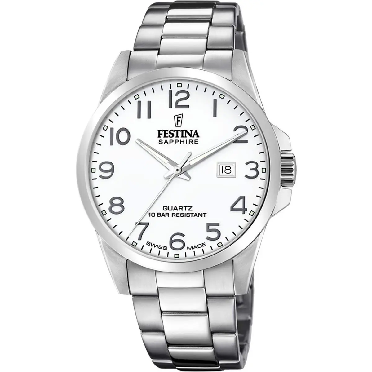 Swiss Classic Stainless Steel 41mm Quartz White Dial Wristwatch F20024-1 by Festina