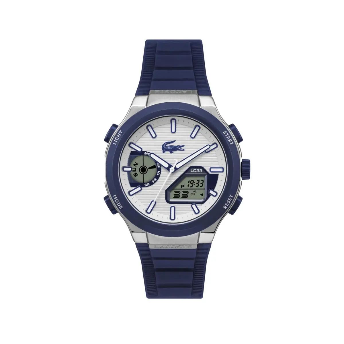 Men`s LC33 Analog-digital Silicone Watch 45 MM Blue Stainless Steel by Lacoste