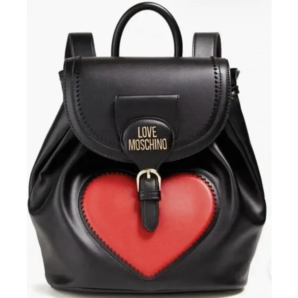 Love Moschino Red Heart Bucket Backpack Black Birds PU Nero