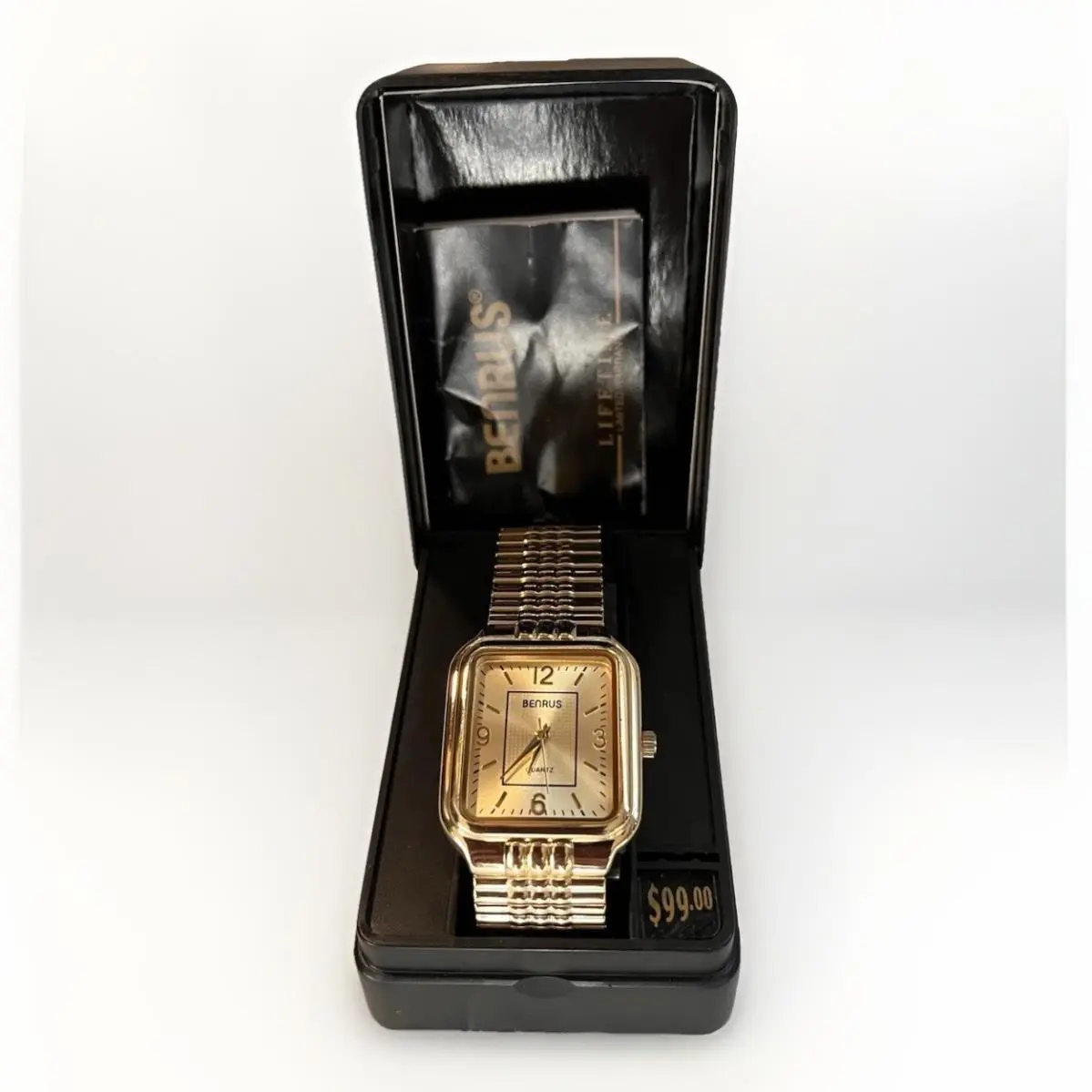 Vtg Benrus Men Watch Quartz Nos Case/papers Gold-tone Dial BN201M Stretch