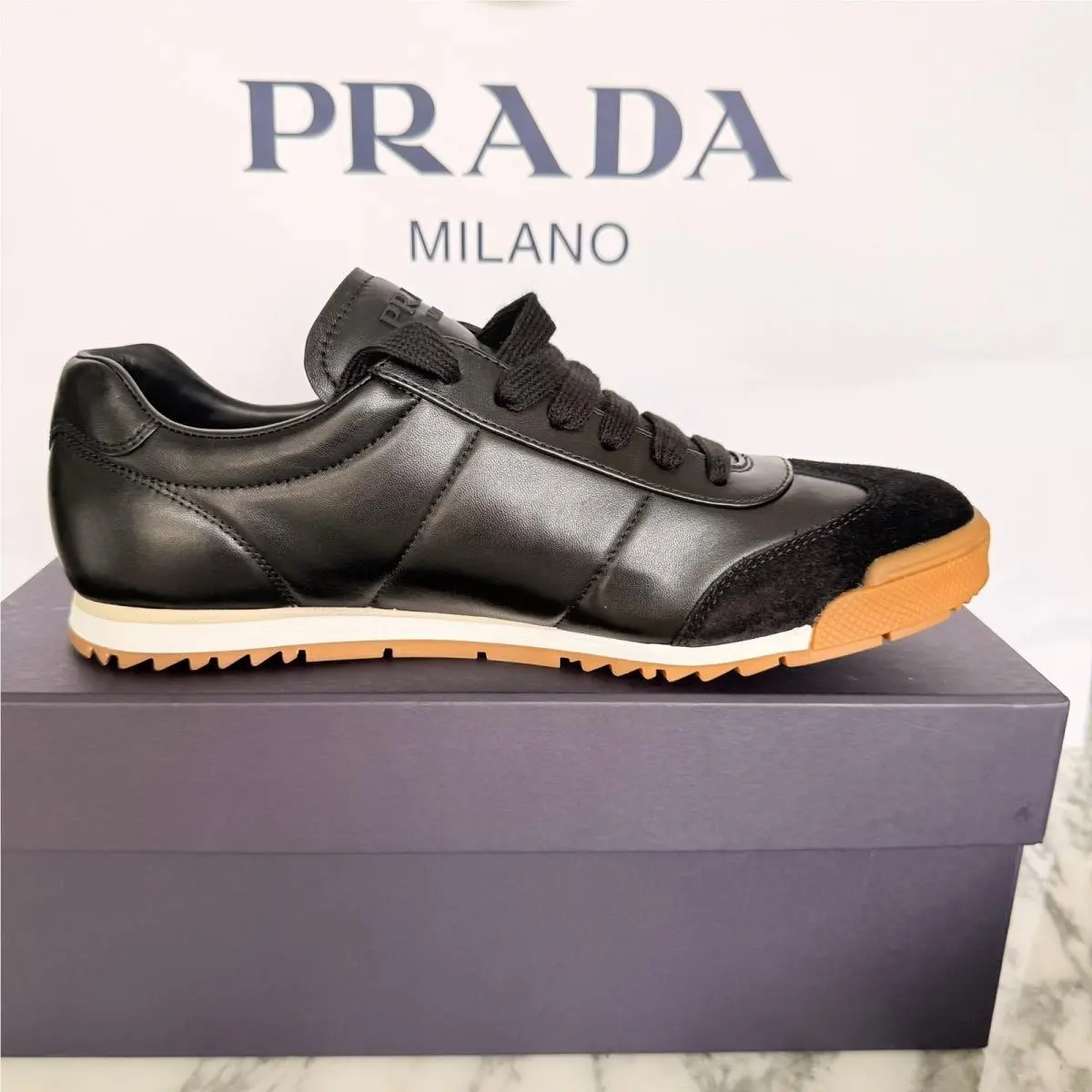 Prada 2EG486 Black Leather with Suede Sneakers Shoes - - US 9 UK 8