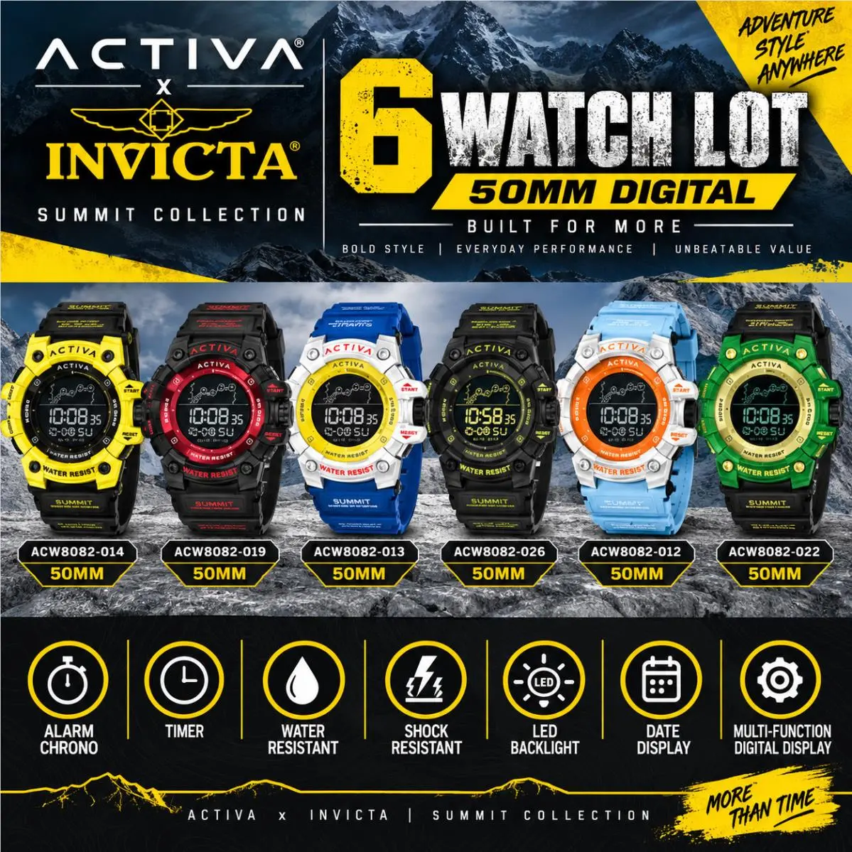 Activa x  Summit 50mm Digital Watch 6pc Lot ACW8082 by Invicta