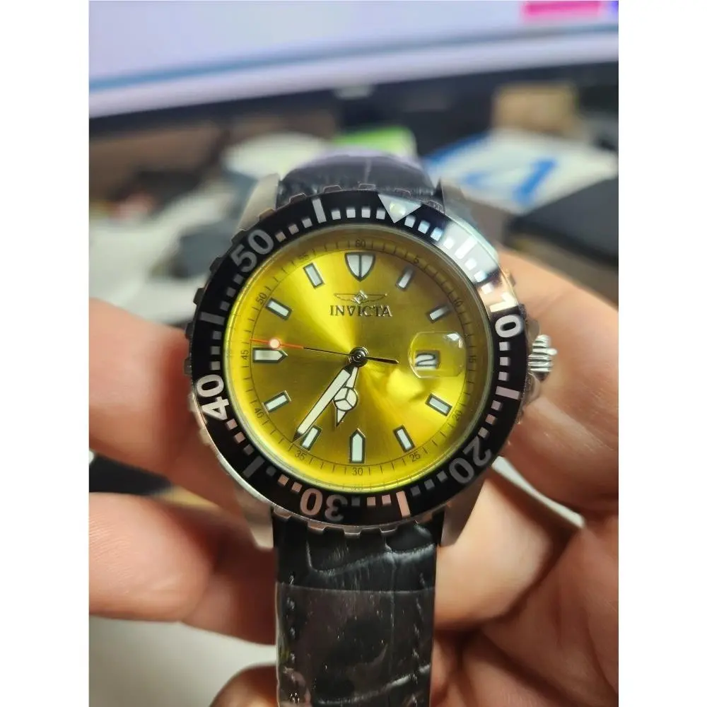 Invicta Pro Diver Yellow Dial Black Leather Men`s Watch 44mm 10198-L