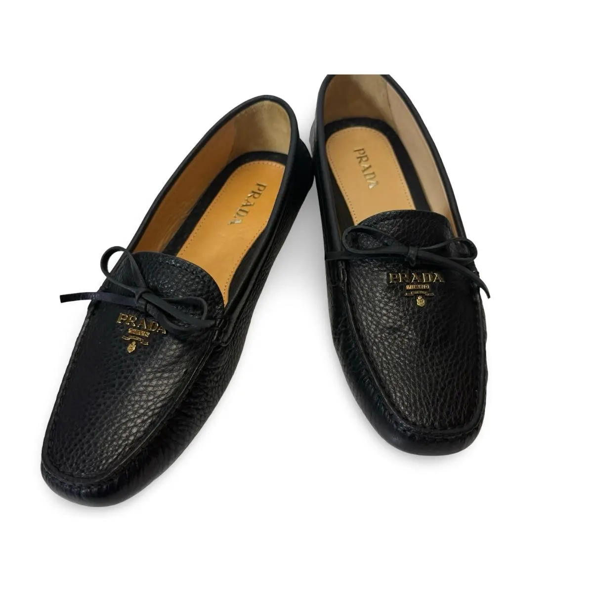 Prada Black Diano Leather Pebbled Bow Driving Moc Flats Loafers Shoes 40 10