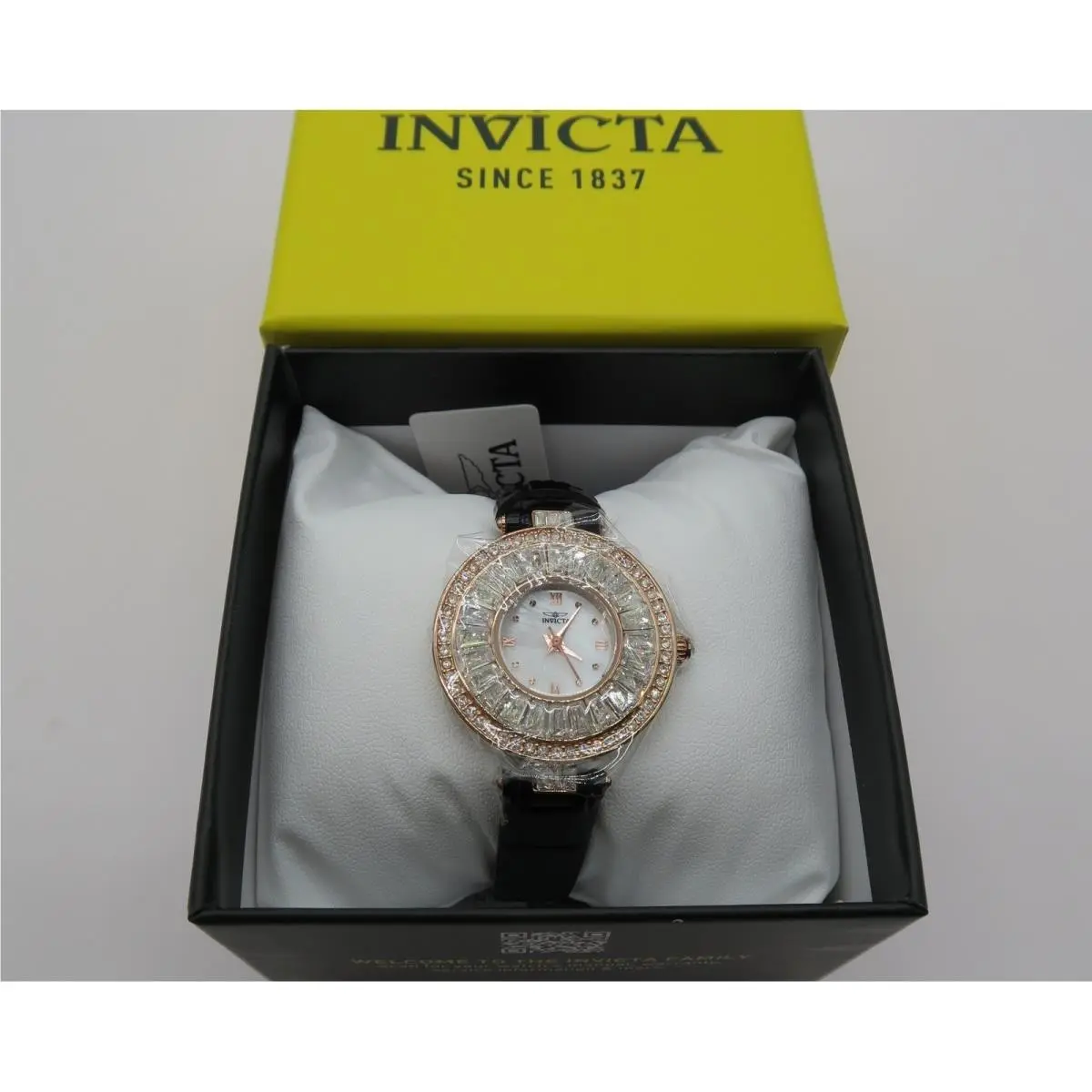 Invicta Celestial Lady 30mm Rose Gold Tone Case Gold Metal Dial Black Band