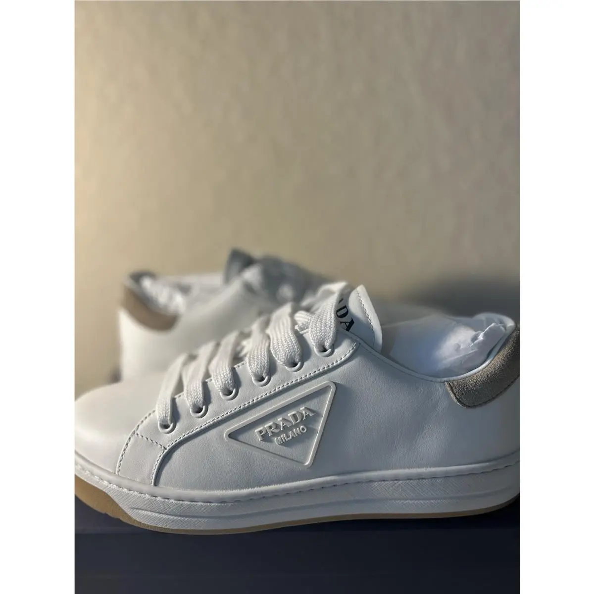 Prada Women’s White Leather Sneakers with Tan Soles and Taupe Tab