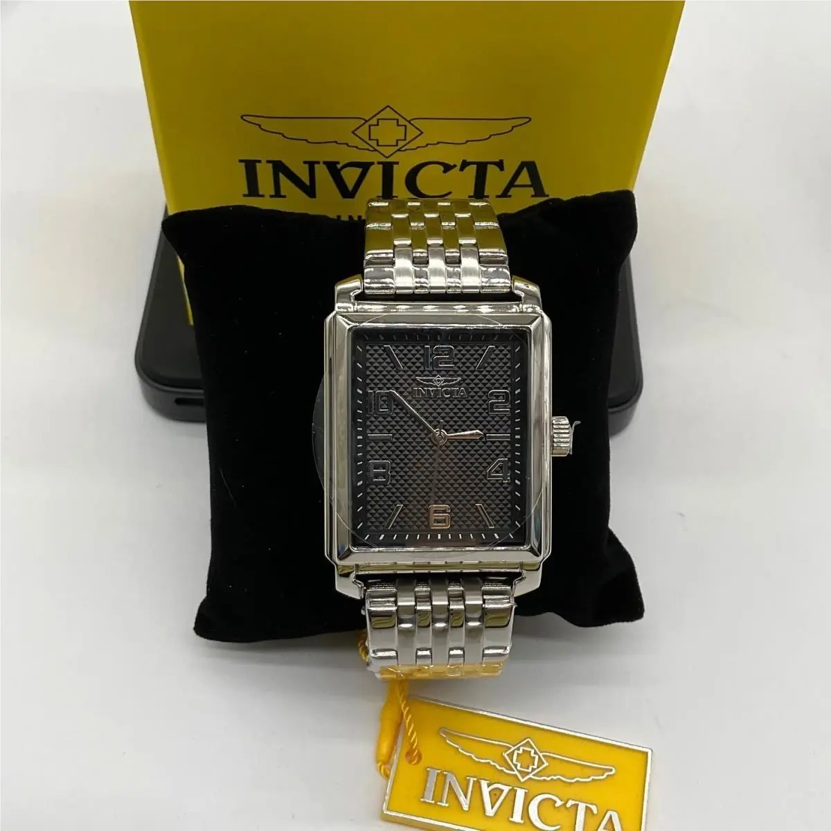 Invicta Vintage Mens Watch 40mm Silver Steel Rectangular Black Dial 237529