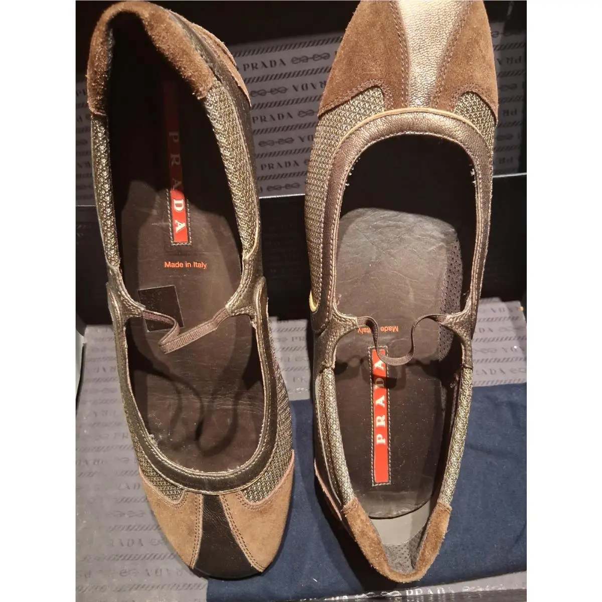 Bronze Leather Brown Suede Mesh Flats 40 Italy by Prada