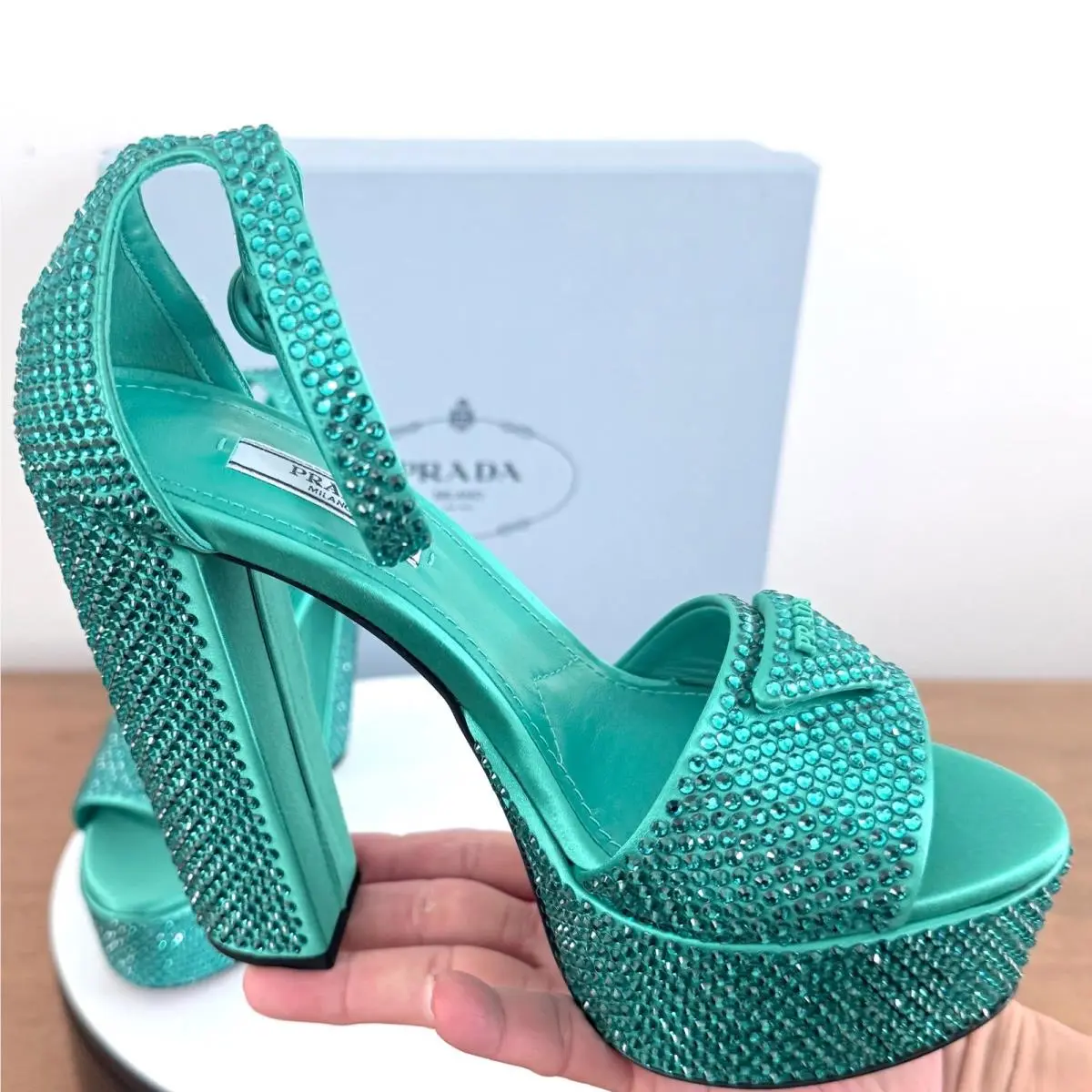 Crystal‑embellished Satin Platform Sandals Aqua Green Made in Italy. UK 36 by Prada