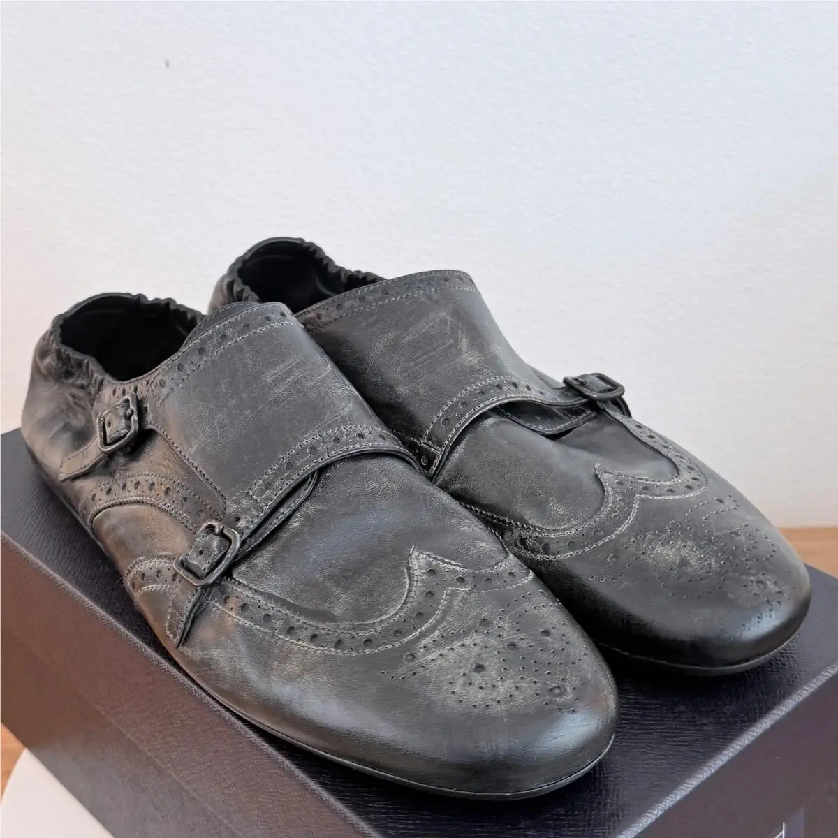 Prada 2EG469 Mens Leather Double Monk Strap Wingtip Shoes Grey Black UK 11