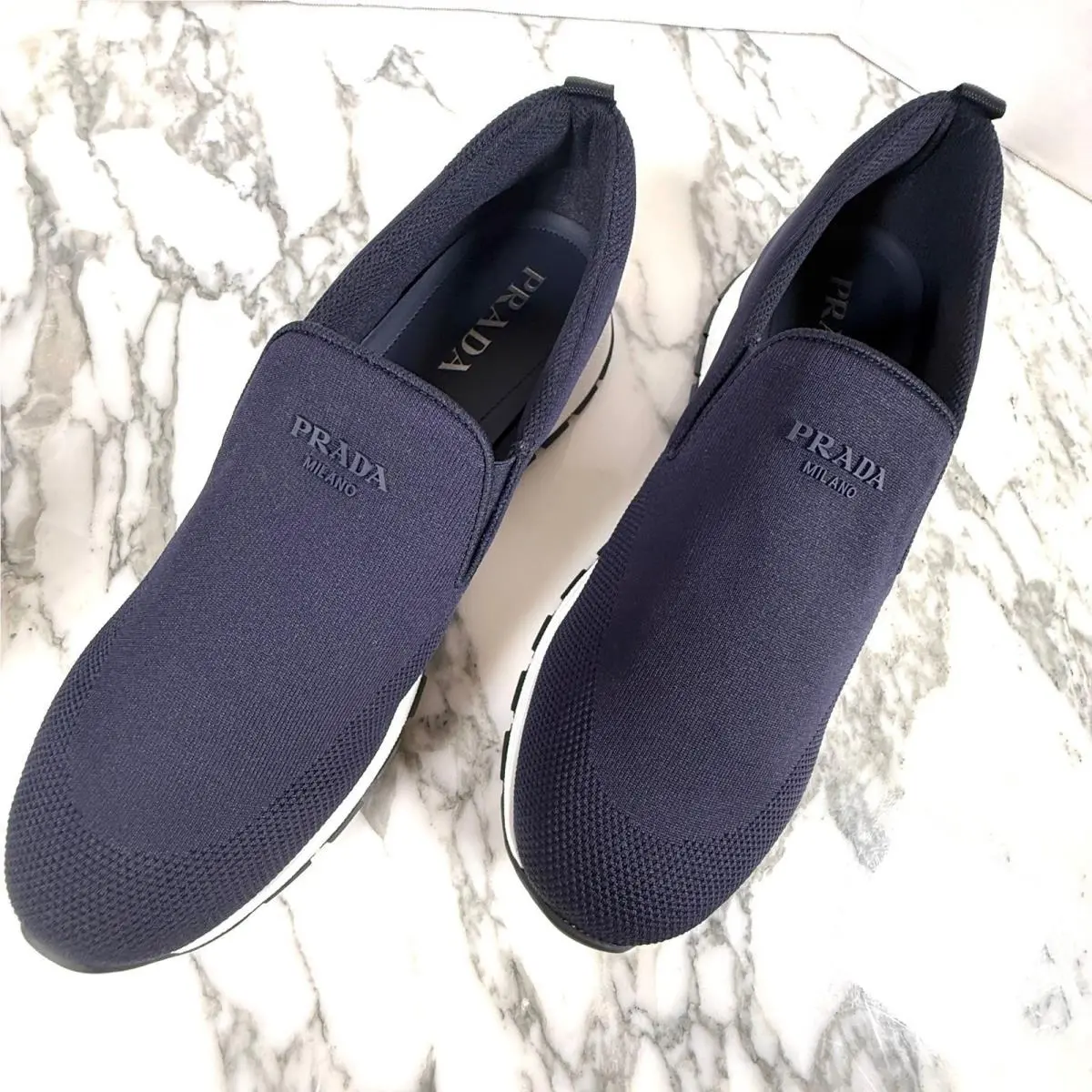 Prada Milano Mens Navy Blue Knit Slip On Sneakers Loafers 2DE157 Shoes sz UK 11