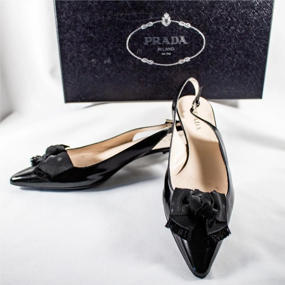 Spazzolato Clas Coa Black Solid Slingback Bow Sandals Shoes Size 6.5 M by Prada