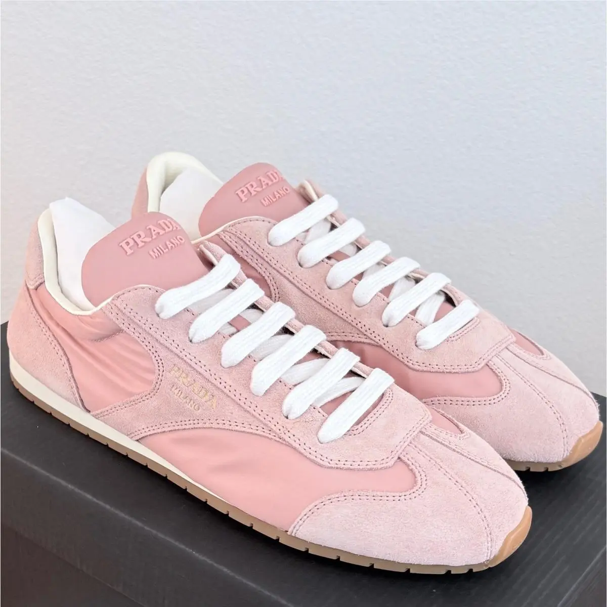 Prada Milano Womens Pink Nylon Suede Low Top Sneakers 1E152D Pesco Size 38