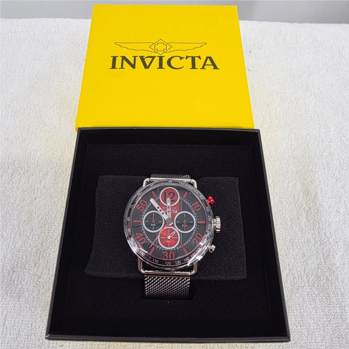 Invicta 49372 Mens Chronograph Watch Black Red Dial Silver Mesh Band