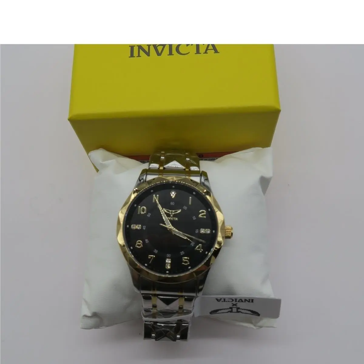 Invicta Mens Two Tone Stainless Steel Studded Bracelet Watch Black Dial