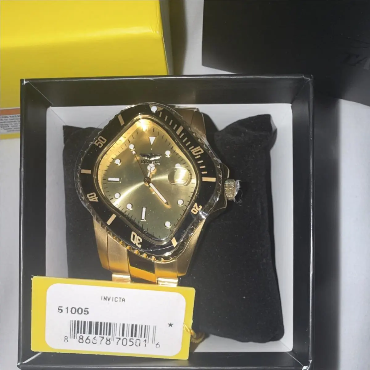 Invicta Men`s Diver Quartz 40mm Cushion Gold Dial Black Bezel Date Box