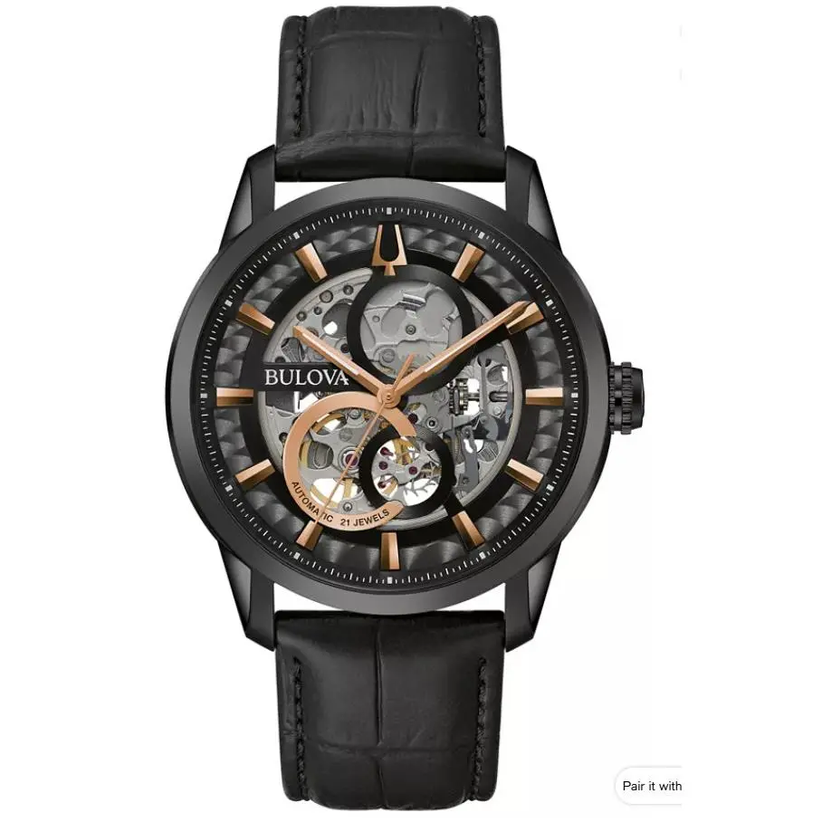 Bulova 98A283 Sutton Automatic Open Aperture Black Men`s Watch 43MM
