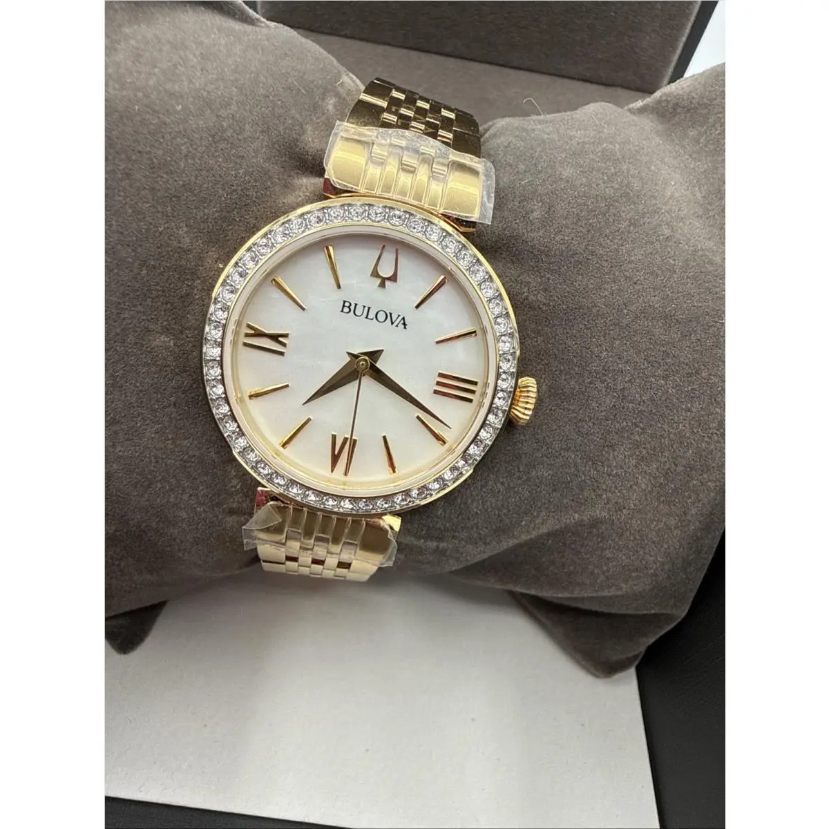 Women`s Watch Quartz White Mother of Pearl Dial Crystal Gold Steel by Bulova