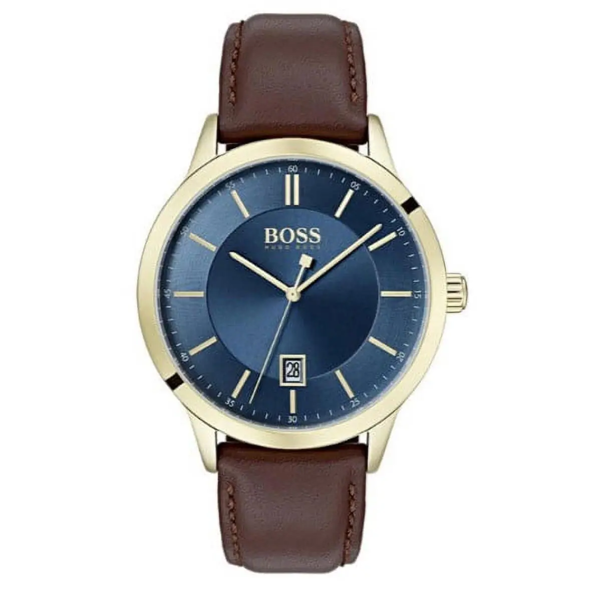 Hugo Boss 1513685 Officer Blue Date Indicator Dial Brown Leather Band Mens Watch