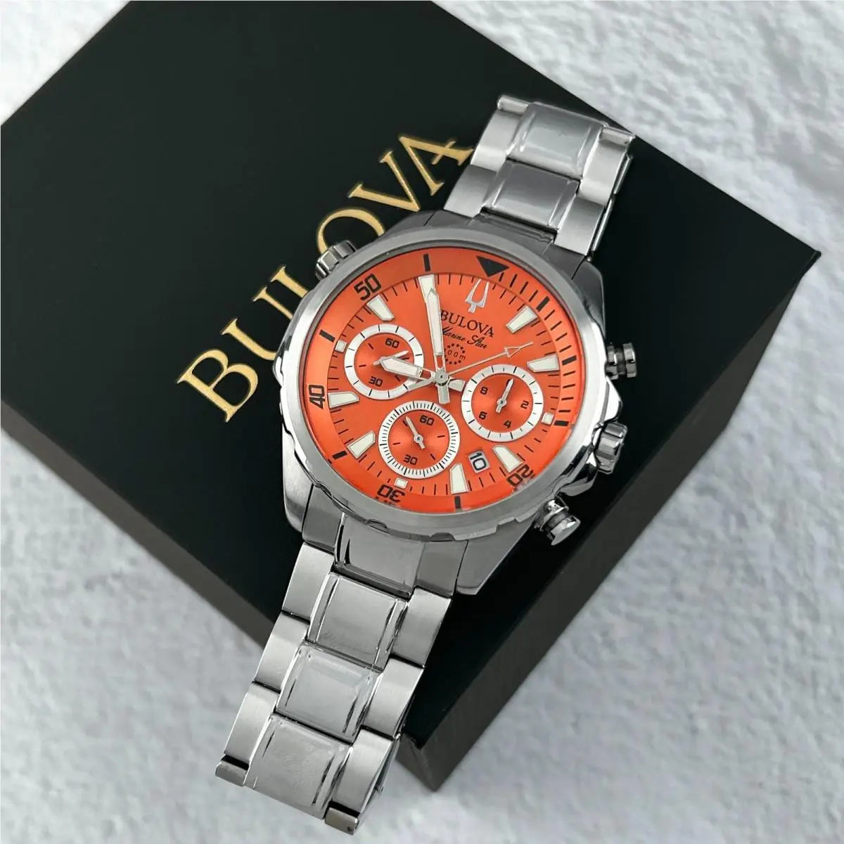 Bulova 96B395 Mens Marine Star Orange Dial Chronograph Quartz Watch 43MM