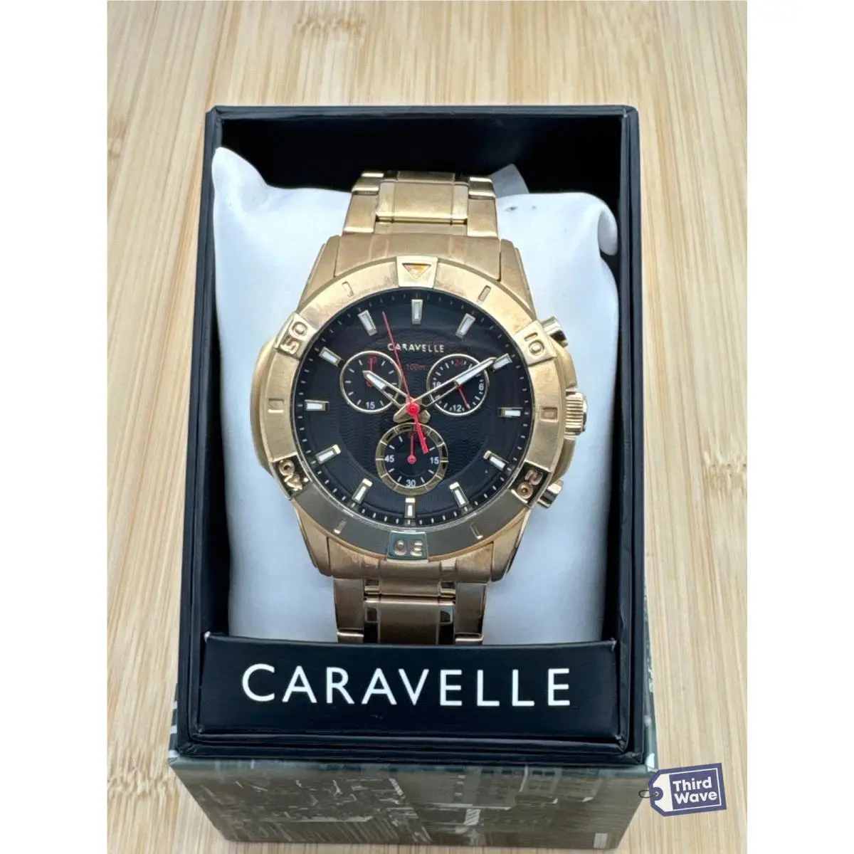 Caravelle by Bulova 44B127 Men`s Aqualuxx Gold-tone Chronograph Black Dial 100m