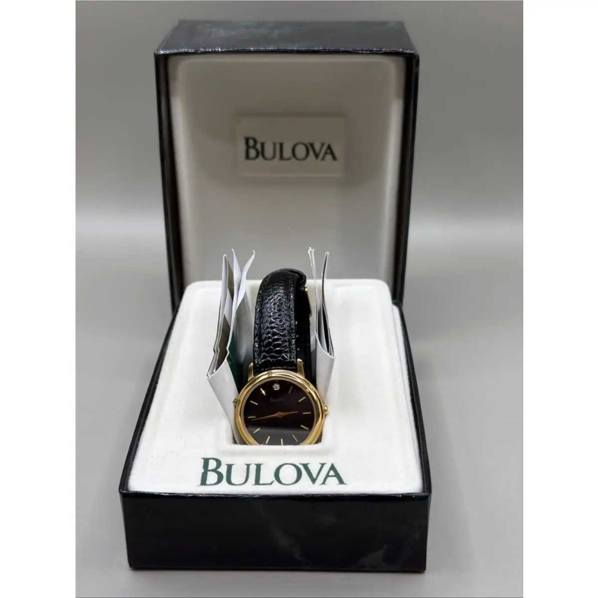 Swiss Quartz Watch Women Gold Tone Black Diamond Leather Analog Untested by Bulova