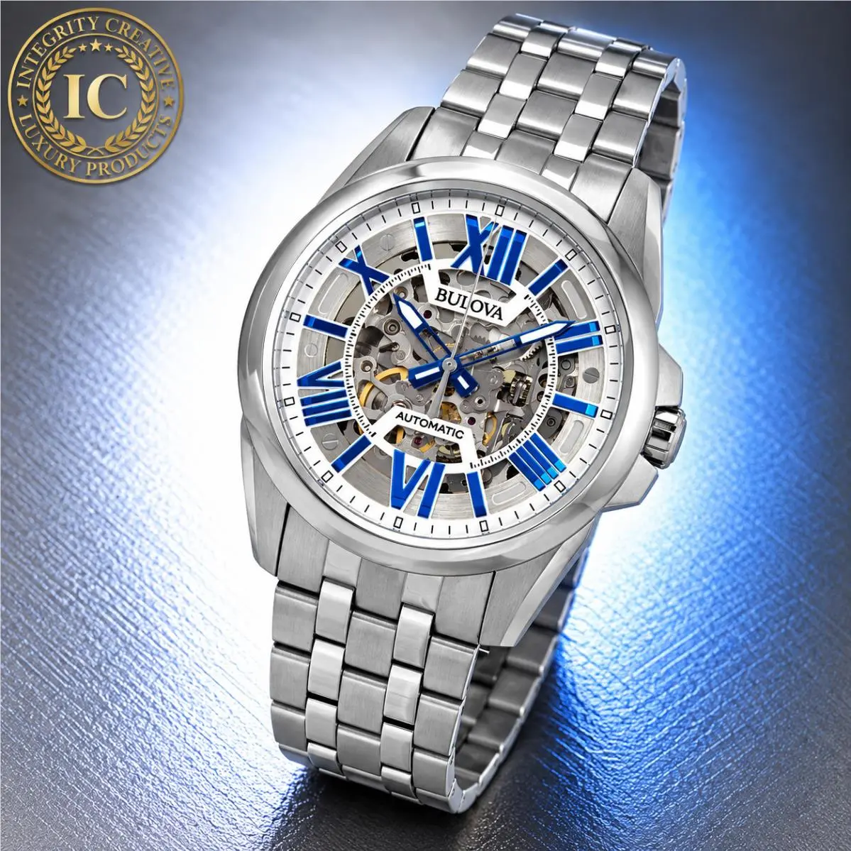 Bulova Mens 43mm Automatic Skeleton Watch Stainless Steel Blue White Clear Dial