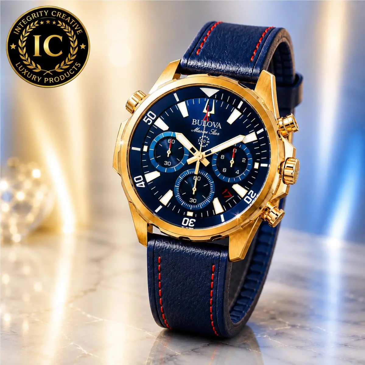 Bulova Marine Blue Dial 43 mm Luxury Men`s Watch Gold Case Blue Leather Strap