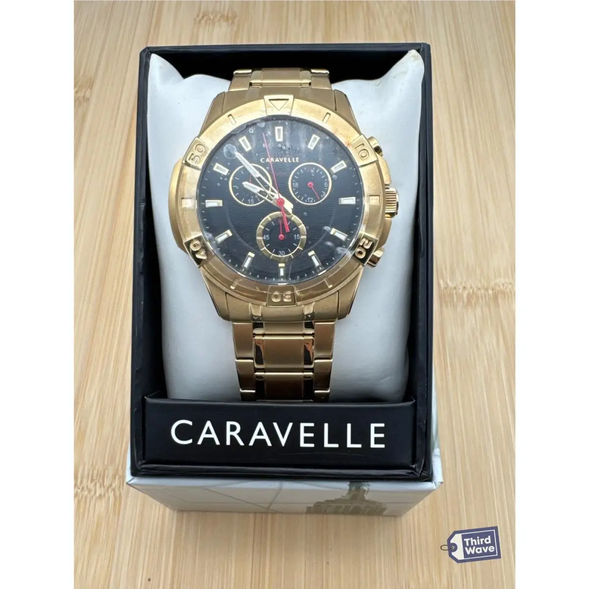 Caravelle by Bulova 44B127 Men`s Aqualuxx Gold-tone Chronograph Black Dial 100m