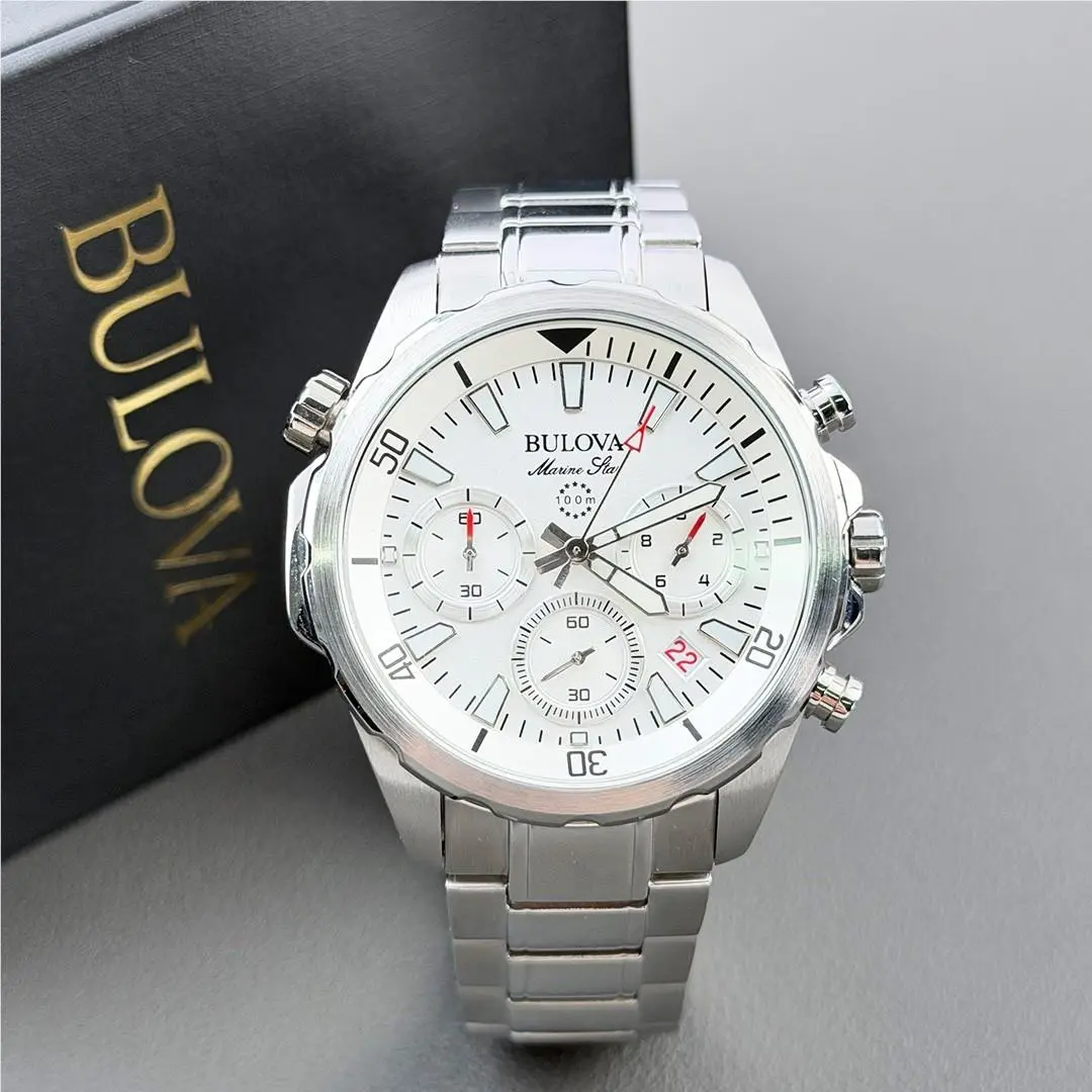 Bulova Marine Star 96B255 Men`s White Dial Chronograph Quartz Stainless Steel Wa