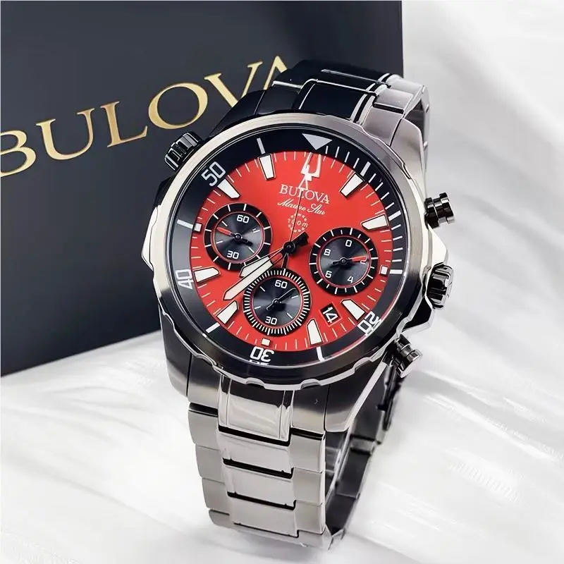 Bulova Marine Star 98B350 Men`s Chronograph Quartz Watch Red Dial Stainless 43mm