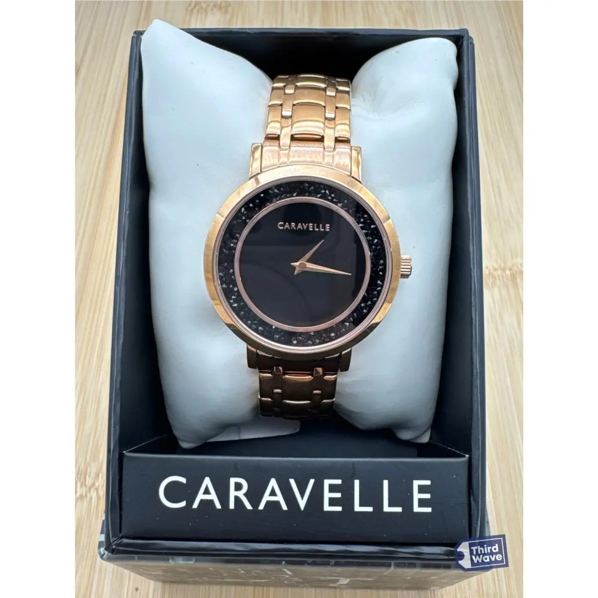 by Bulova 44L252 Women`s Rose Gold-tone Black Rock Crystal Dial Watch by Caravelle