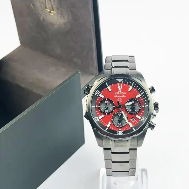 Bulova Marine Star Men`s Chronograph Quartz Watch Red Dial 98B350 43mm