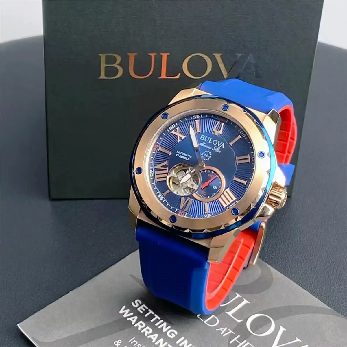 Men`s Bulova Marine Star Blue Dial Red Silicon 98A227 Automatic Watch 45mm