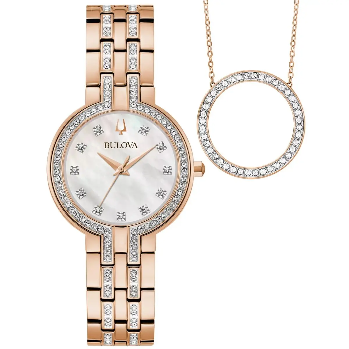 Women`s Classic Crystal Rose Gold-tone Bracelet Watch Box Set 30mm by Bulova