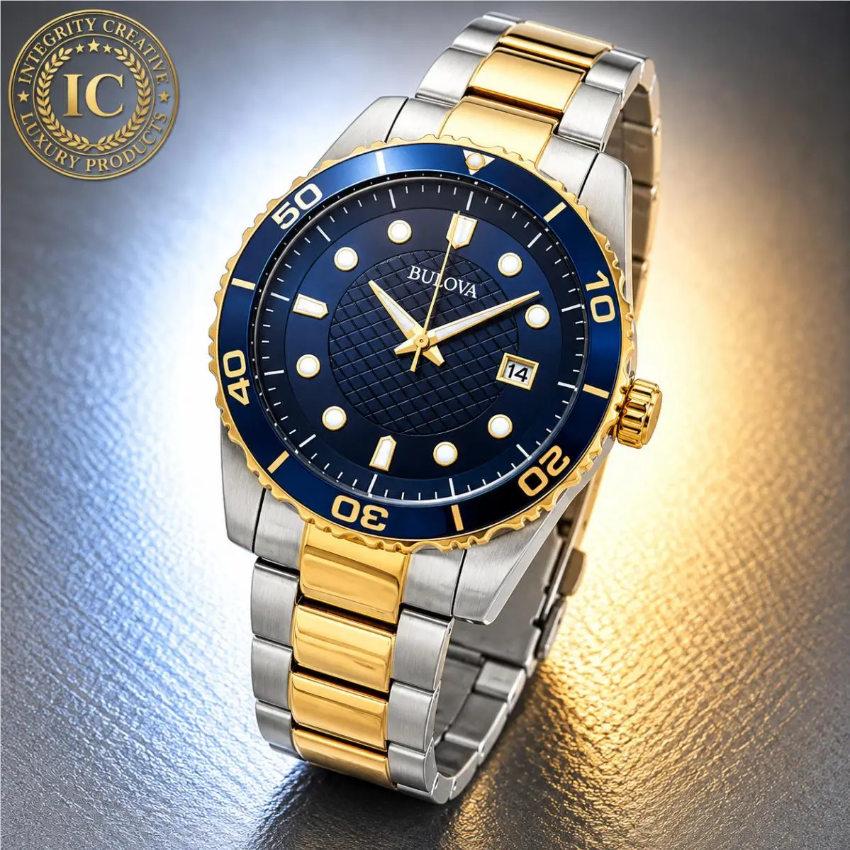 Mens 43mm Quartz Diver Watch Two Tone Stainless Steel Blue Dial Date Wristwatch by Bulova
