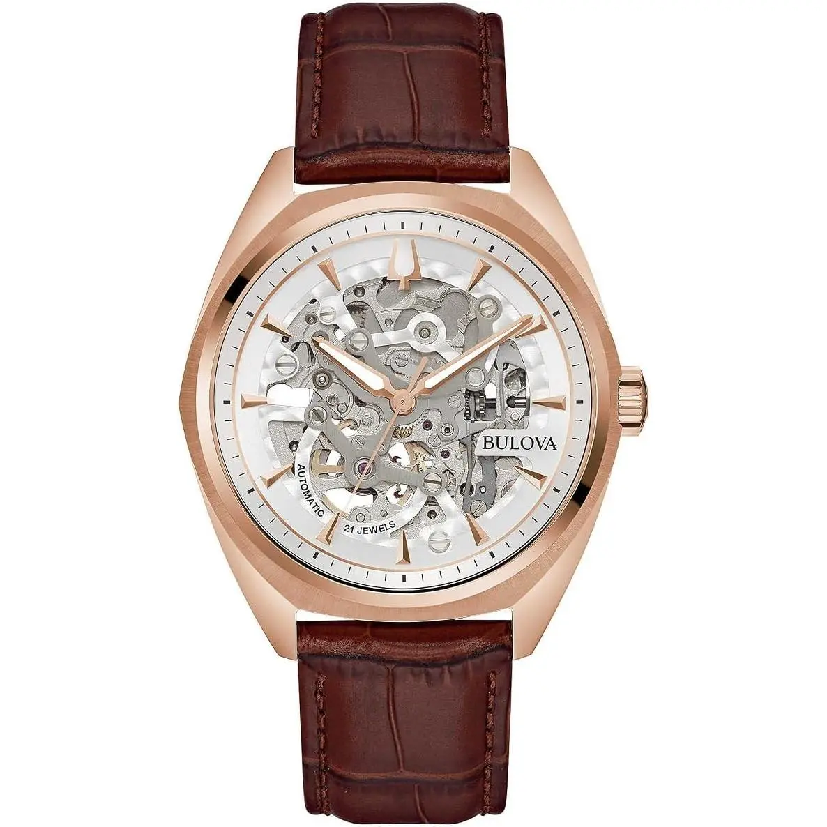 97A175 Surveyor Rose Gold Tone Skeleton Dial Leather Strap Men`s Watch by Bulova