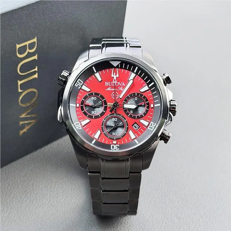 Marine Star Series B 98B350 Men`s Quartz Watch Stainless Steel Red Dial by Bulova