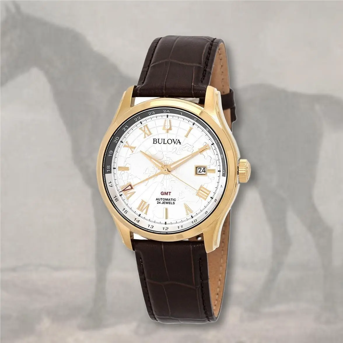 Bulova Classic Wilton Gmt Automatic Brown Leather 43 MM 97B210