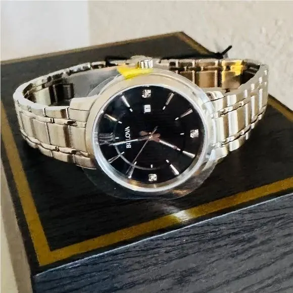 Women`s Classic Stainless Steel Black Diamond Accent Women`s Watch by Bulova